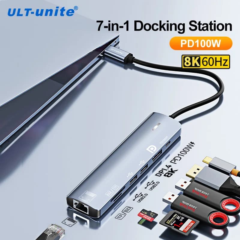 Adattatore da USB a DP 7 in 1 Docking station Dongle Multiporta tipo C HUB con Displayport, PD100W, Ethernet, 2 porte USB, SD/TF