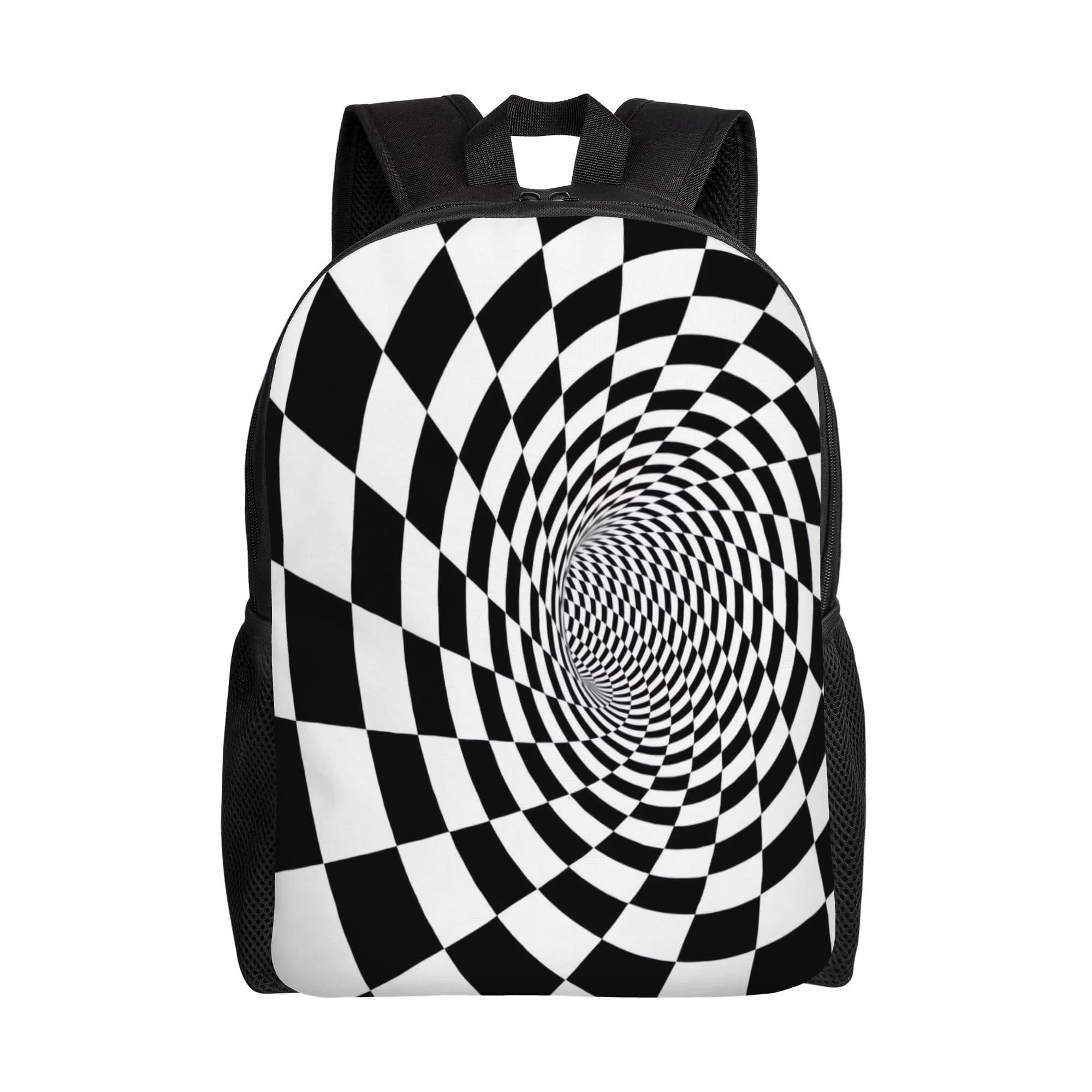 Square Men's Backpack with Spiral Pattern - White and Black Pied-De-Poule School Bag with Spiral Pattern, Large Design, Main compartment