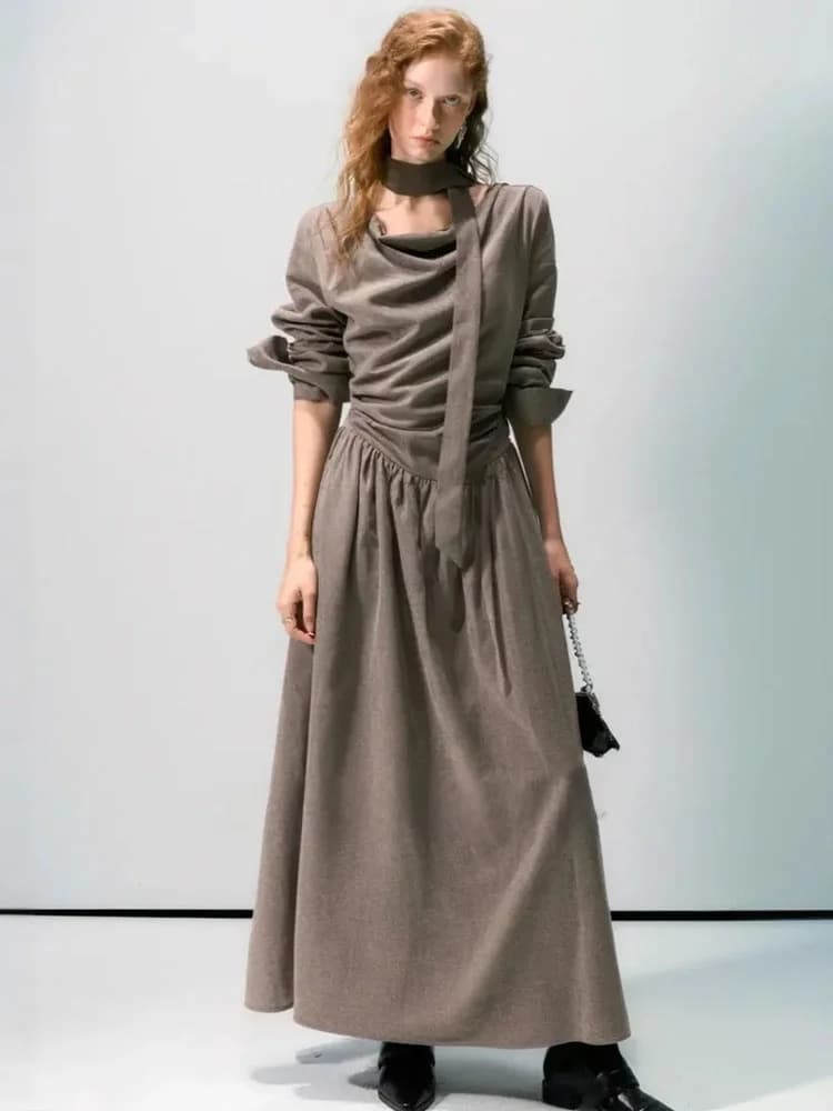 ZhuoZhi High Waist A-Line Long Dress with Pocket Commute Style Skirt Soft Fabric Long Sleeve Zipper Closure Autumn New Arrival