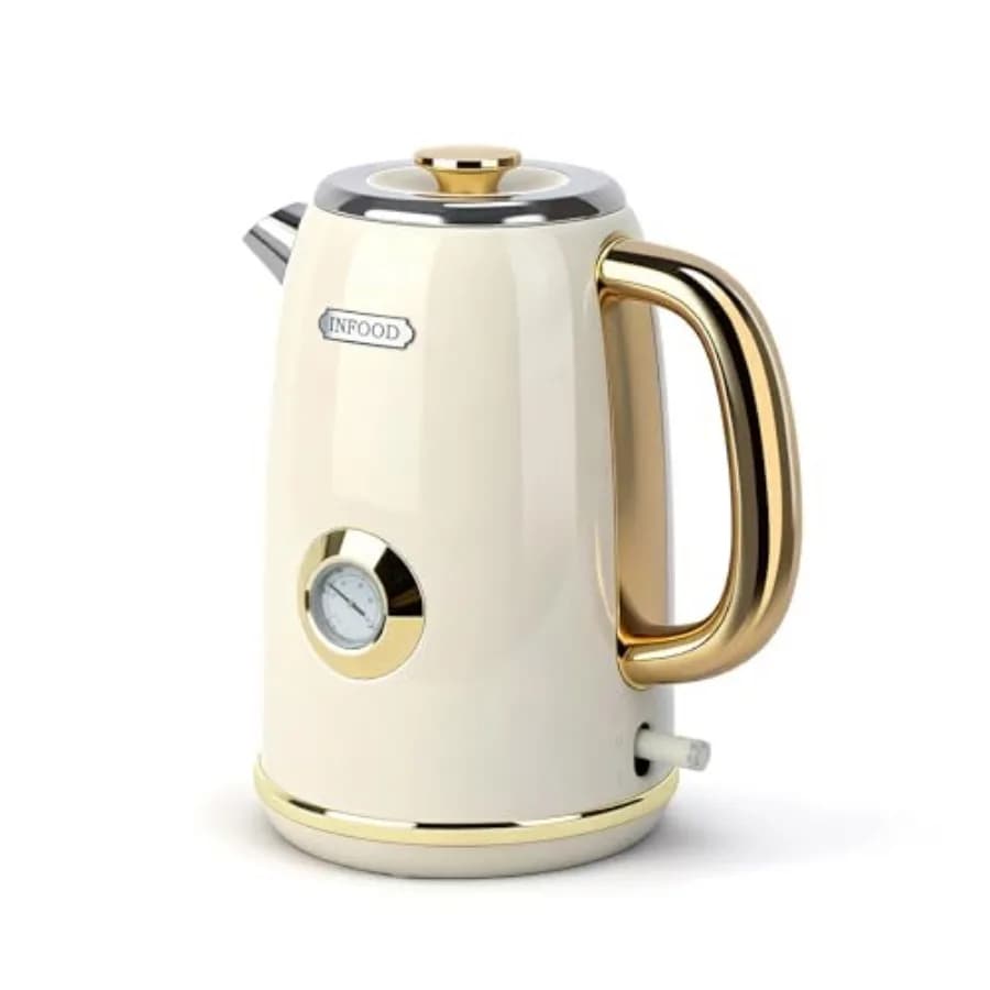Bollitore Elettrico Retrò 1.7L/57oz con Termometro - 1500W, Riscaldamento Rapido, Acciaio Inossidabile, Senza BPA, Senza Fili