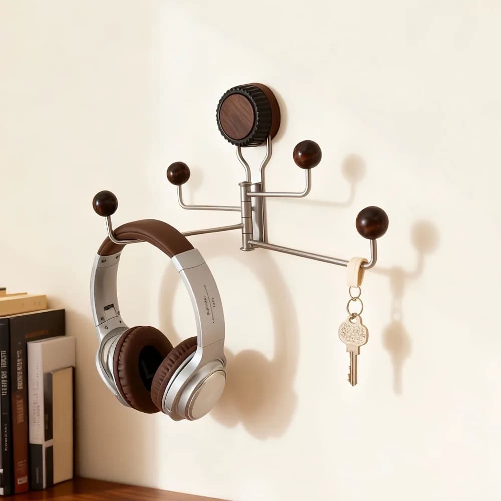 Wall-Mounted Organizer, Rotatable Strong Suction Cup Hooks, Natural Wood Color 360 Degree Rotating Hooks Home Storage Container