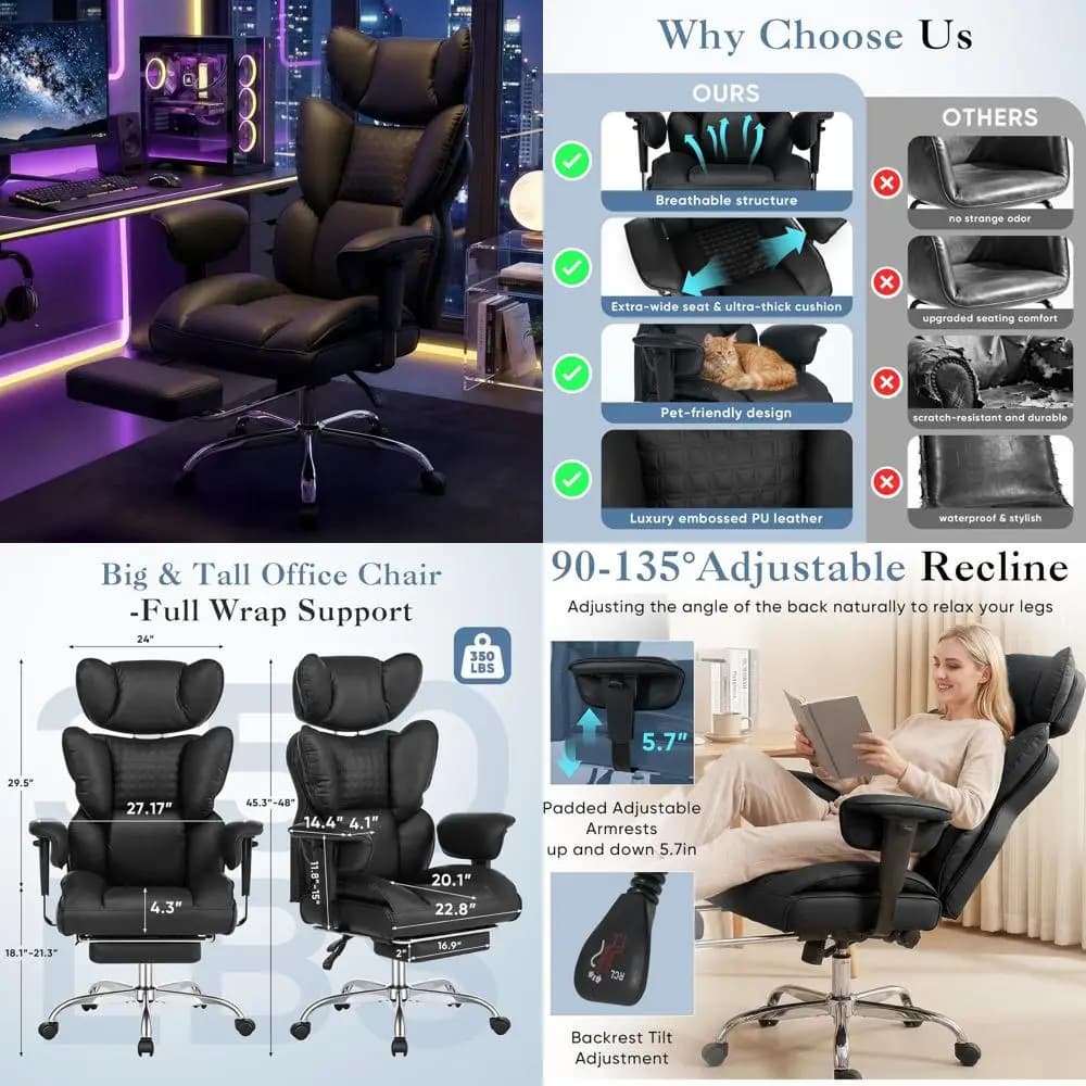 Sedia da Gaming Ergonomica con Schienale Alto, Poggiapiedi, Braccioli Regolabili e Supporto Lombare Confortevole, in Pelle Nera