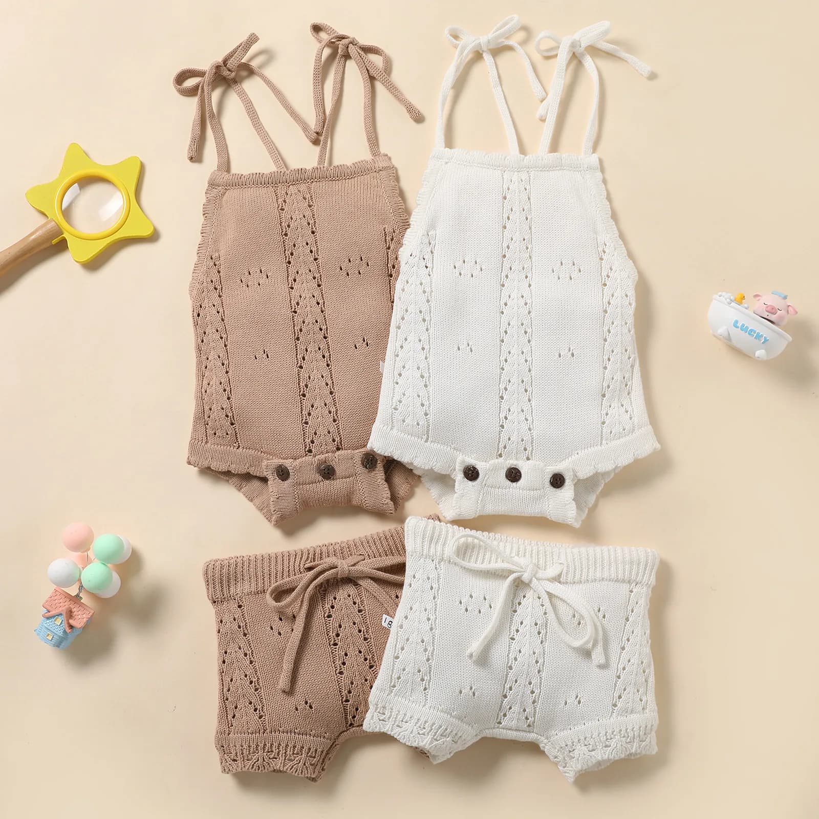 Summer beach dresses for newborn knitted suit with curled eyelets + full pants 2 pieces set
