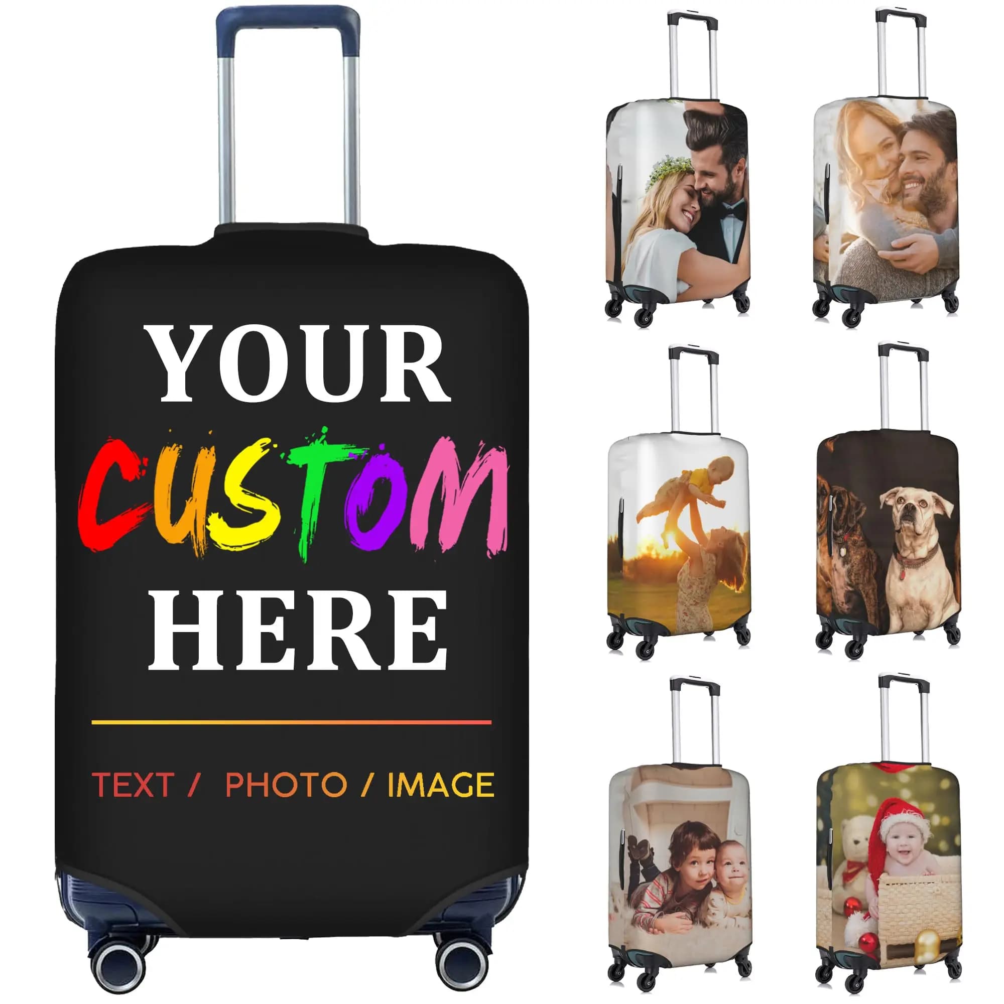 Custom Luggage Cover 18-32 Inch Personalized Suitcase Protector with Name Photo Text Double Sided Elastic Washable Travel Cover