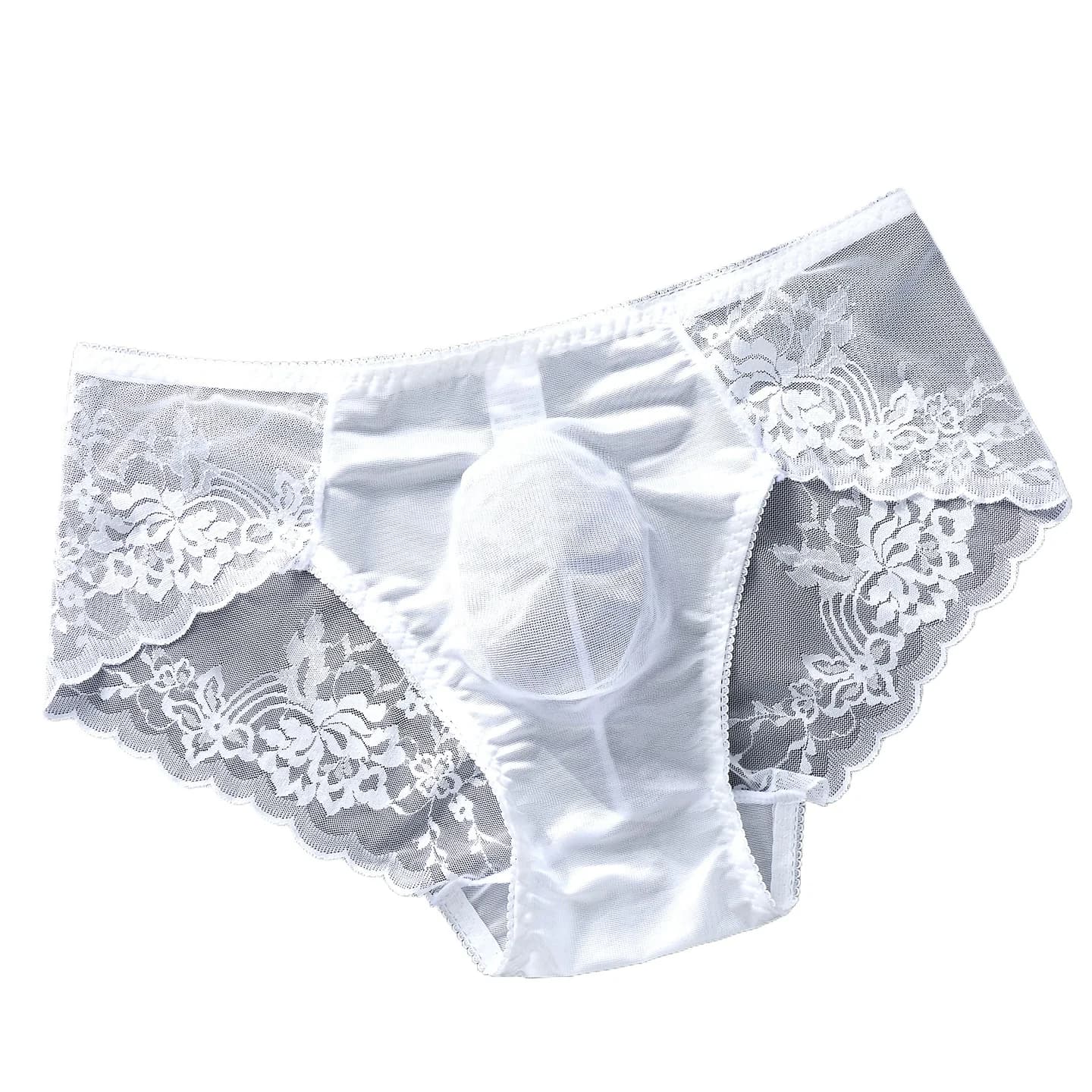 Slip Bikini in Pizzo Francese e Seta Ghiaccio per Uomo, con Tasca Sagomata 3D, Vita Bassa, Intimo Sexy Trasparente, Traspirante, Confortevole e Leggero