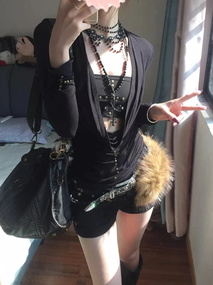 Gothic Hot Girl Skinny Gilet a maniche lunghe Set da 2 pezzi Top Donna High Street Retro Sexy Scava fuori T-shirt New Chic Slim Abbigliamento