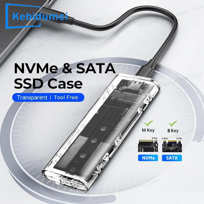 M.2 NVME Protocollo PCIe NGFF SATA SSD Custodia Trasparente USB Tipo C 5/10Gbps PCI-E M2 SSD Custodia esterna trasparente Scatola disco rigido