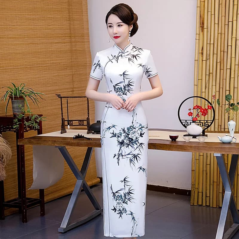 Revised Vintage Water-Mark Long Dress Short-Sleeved Elegant Slim-Fit Mommy Show Off-Shoulder High Slit Daily Wear