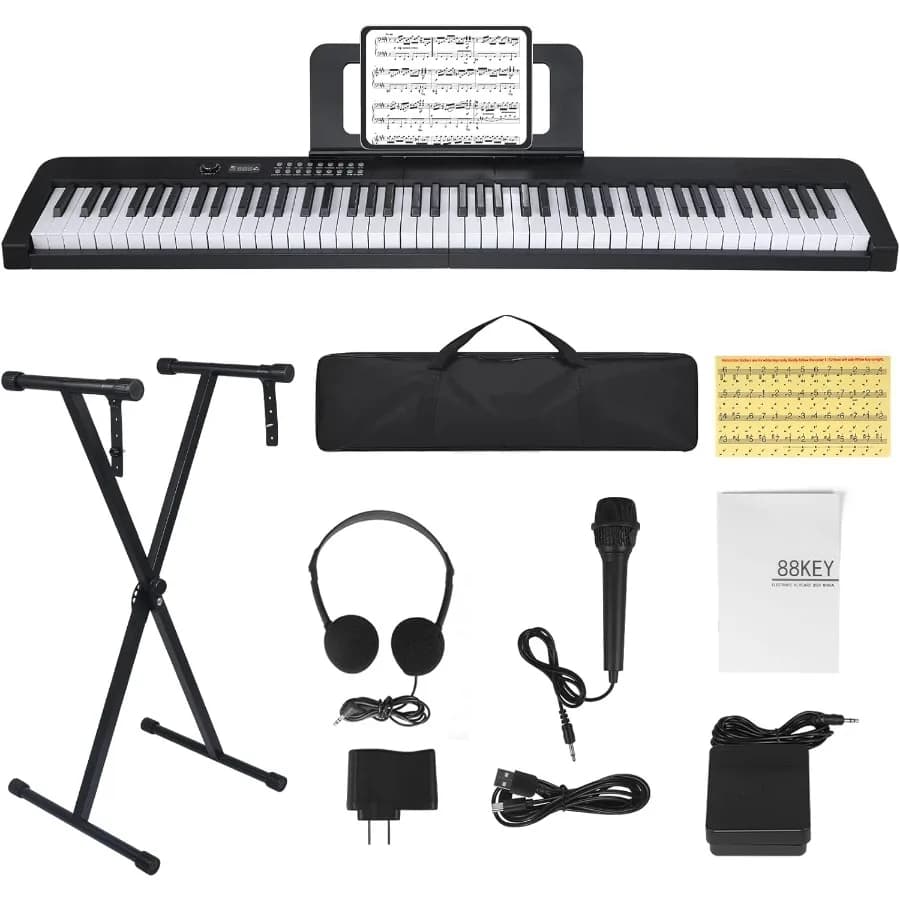 Pianoforte Digitale Elettrico a 88 Tasti Semi-Pesati Neri con Pedale Sustain, Supporto, Custodia per il Trasporto, Cuffie e USB-MIDI
