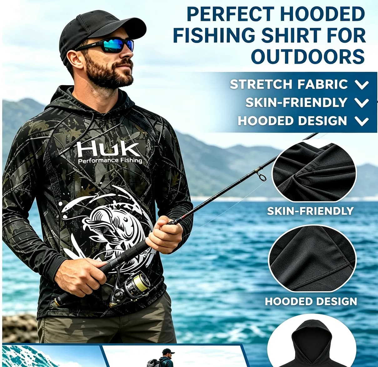 Maglia da Pesca HUK con Cappuccio e Maschera, Kit Abbigliamento Estivo a Maniche Lunghe con Protezione UV, Cappello, Sciarpa e Maglia da Surf