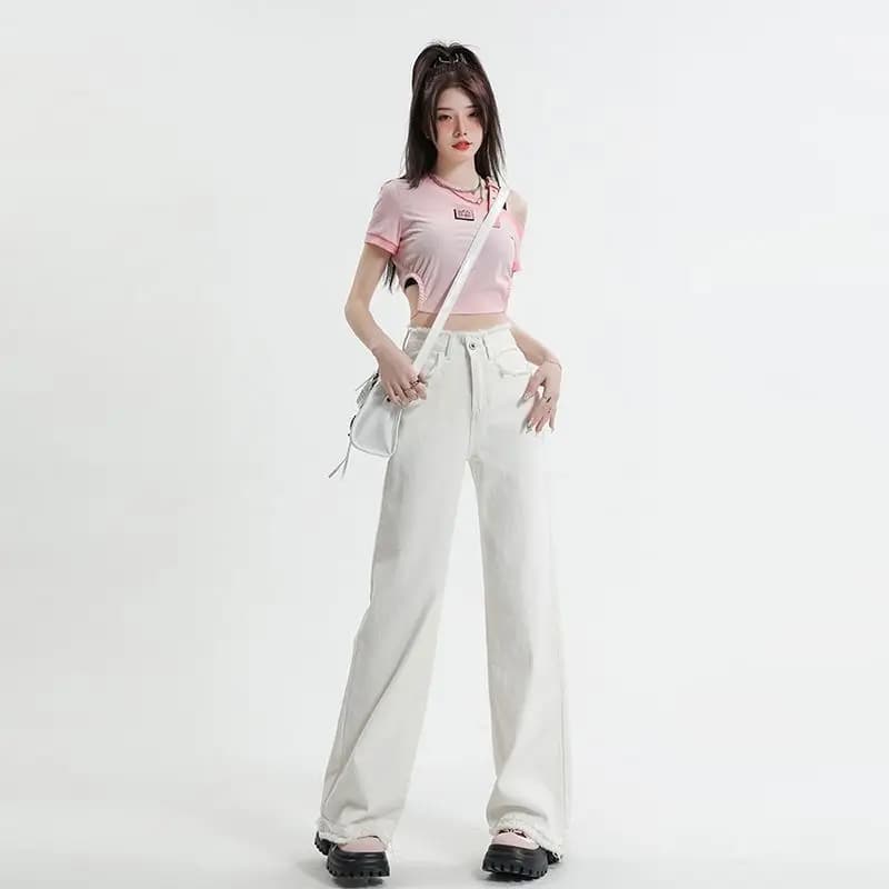 Jeans bianchi versatili per taglie forti, pantaloni estivi da donna a vita alta, a gamba larga e sottile, con orlo sfrangiato, nuova collezione 2025