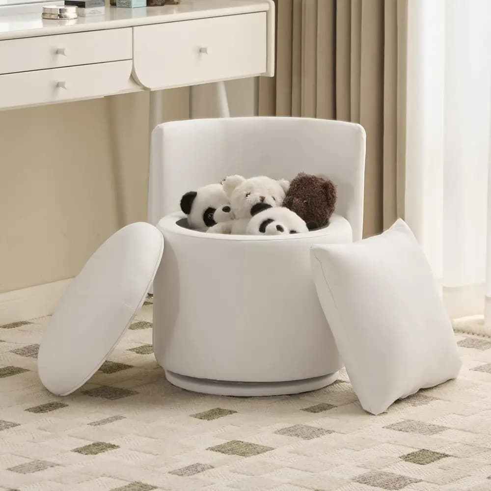 360° Swivel Vanity Chair with Storage, PU Leather Round Ottoman with Pillows, No Assembly, Makeup Stool or Bedroom, Living Room