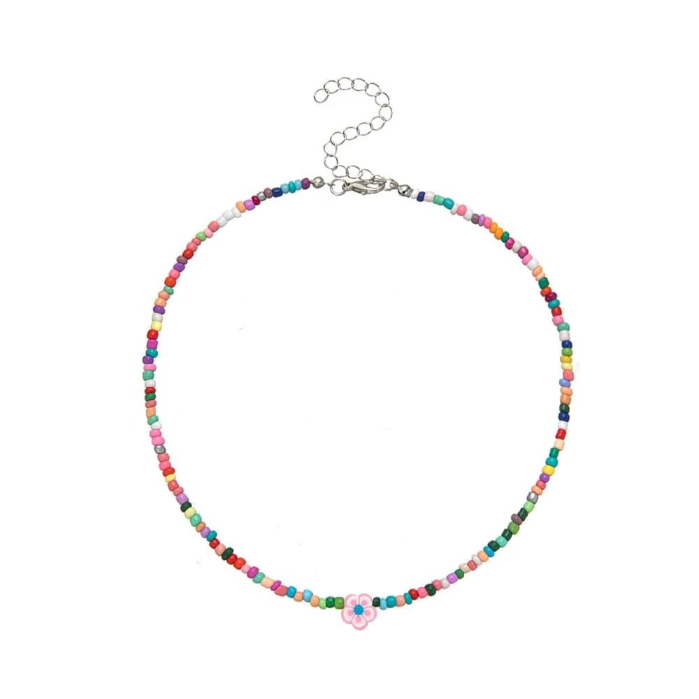 Dopamine Sweet Rainbow Seed Bead Pink Flower Short Choker Necklace for Women Summer Vacation Travel Party Jewelry Accessories