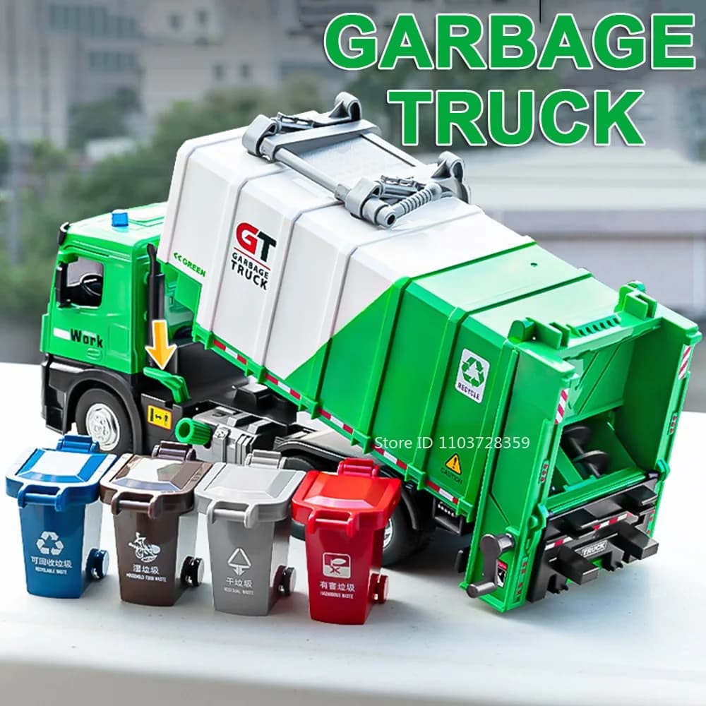 Modello di camion della spazzatura igienico-sanitari in scala 1:24 Giocattoli pressofusi in lega Veicoli per la pulizia Suono Luce Porte aperte Tirare indietro per i regali dei bambini