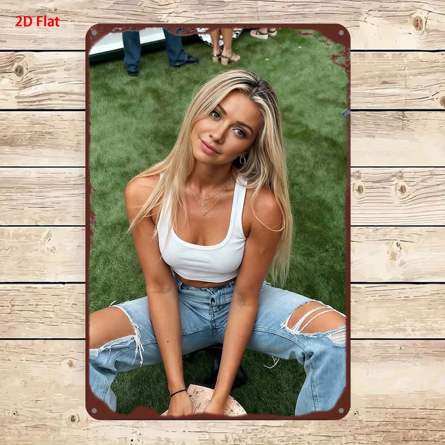 2D Metal Sign，Vintage Casual Babe in White Tank & Ripped Jeans Metal Wall Art Plaque