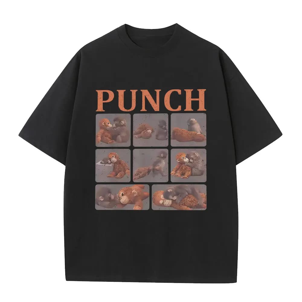 T-shirt con Grafica Meme Divertente 'Sad Monkey Punch' con Giocattolo Arancione, Magliette Casual in Cotone Oversize a Maniche Corte per Uomo e Donna