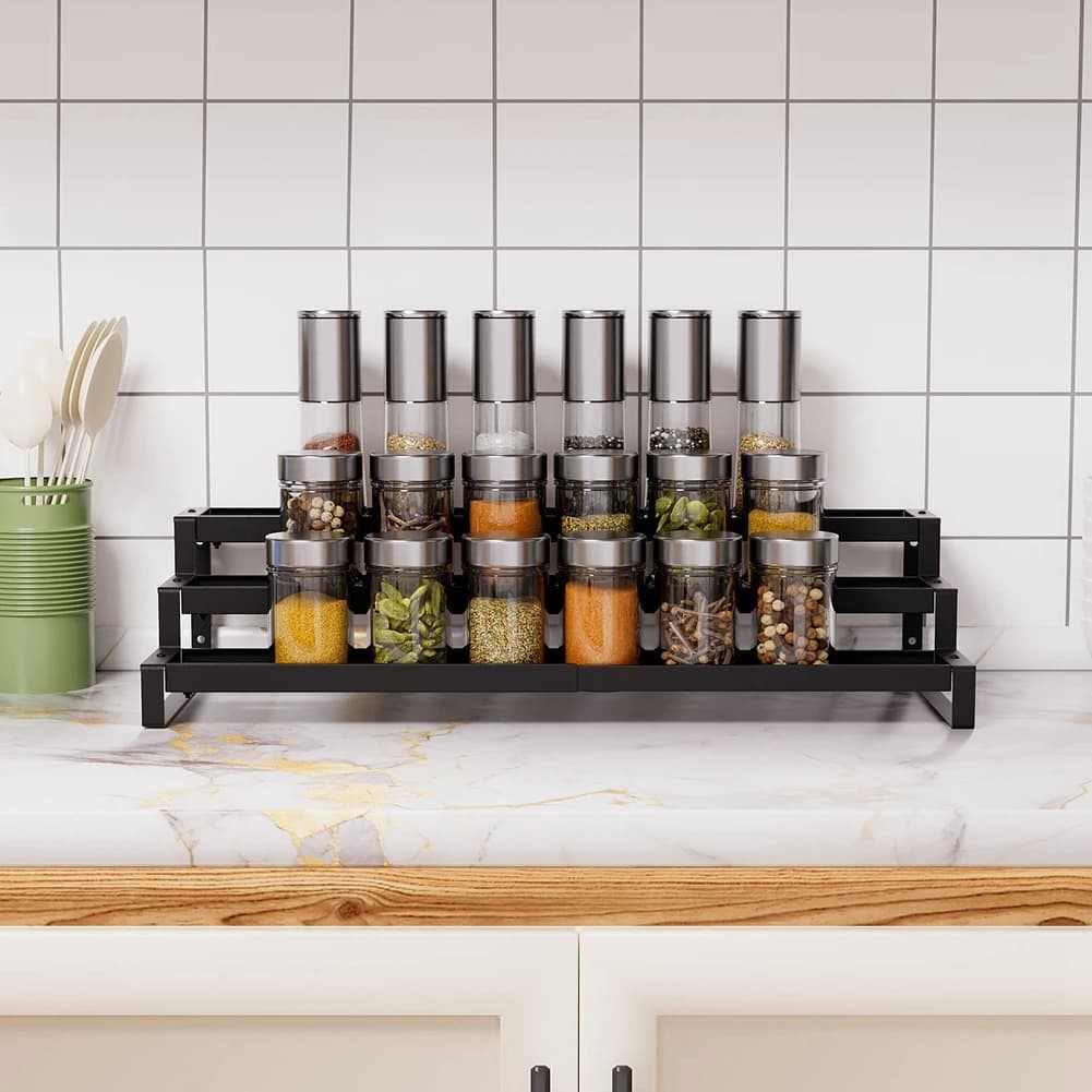 Organizzatore per spezie a 3 livelli espandibile, organizer per condimenti, espositore in metallo, design antiscivolo