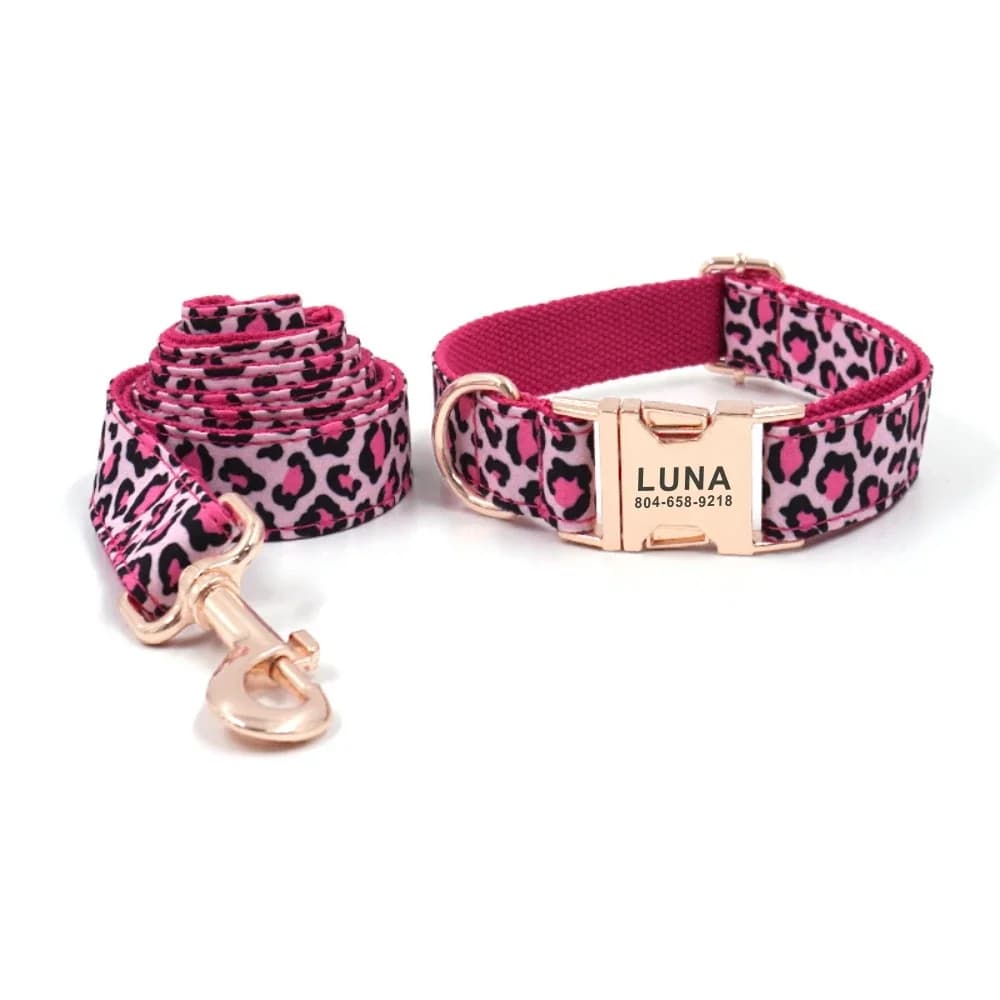 Collare per cani personalizzato Collari per animali domestici personalizzati Incisione gratuita Targhetta identificativa Tag Accessorio per animali Guinzaglio per collare per cuccioli leopardo rosa