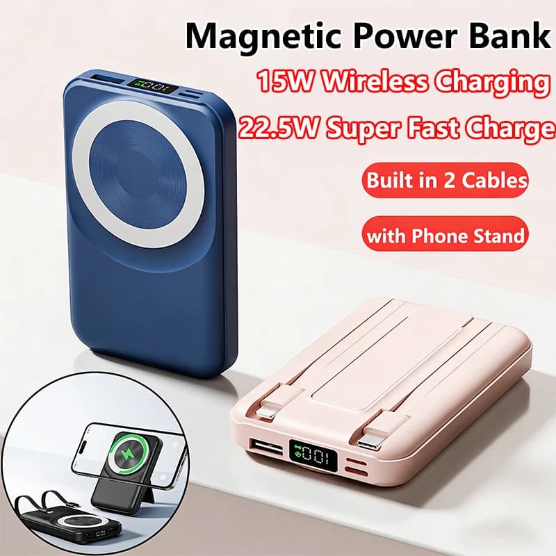 Power Bank Magnetico da 10000mAh con Cavo e Supporto, Caricatore Wireless Rapido 22.5W per Magsafe, Compatibile con iPhone, Samsung, Xiaomi, Huawei