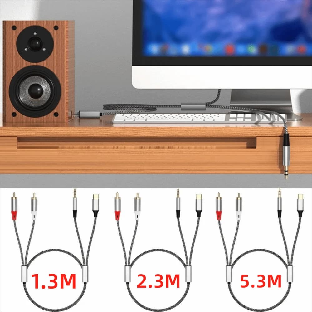 1.3M/2.3M/5.3M 2 in 1 RCA Cable Fantastic Sound Quality Flexibility Audio Aux Adapter Multi-purpose Y Splitter Cable