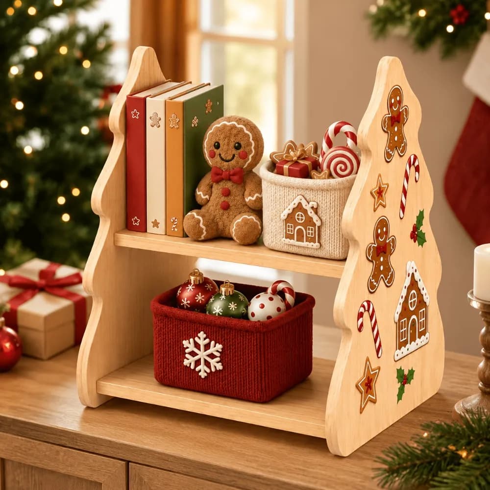 Christmas Tree-Shaped Wooden Storage Rack 2-Tier Desk Shelf Organizer Display for Top of Desk & Dresser Tabletop Home Office