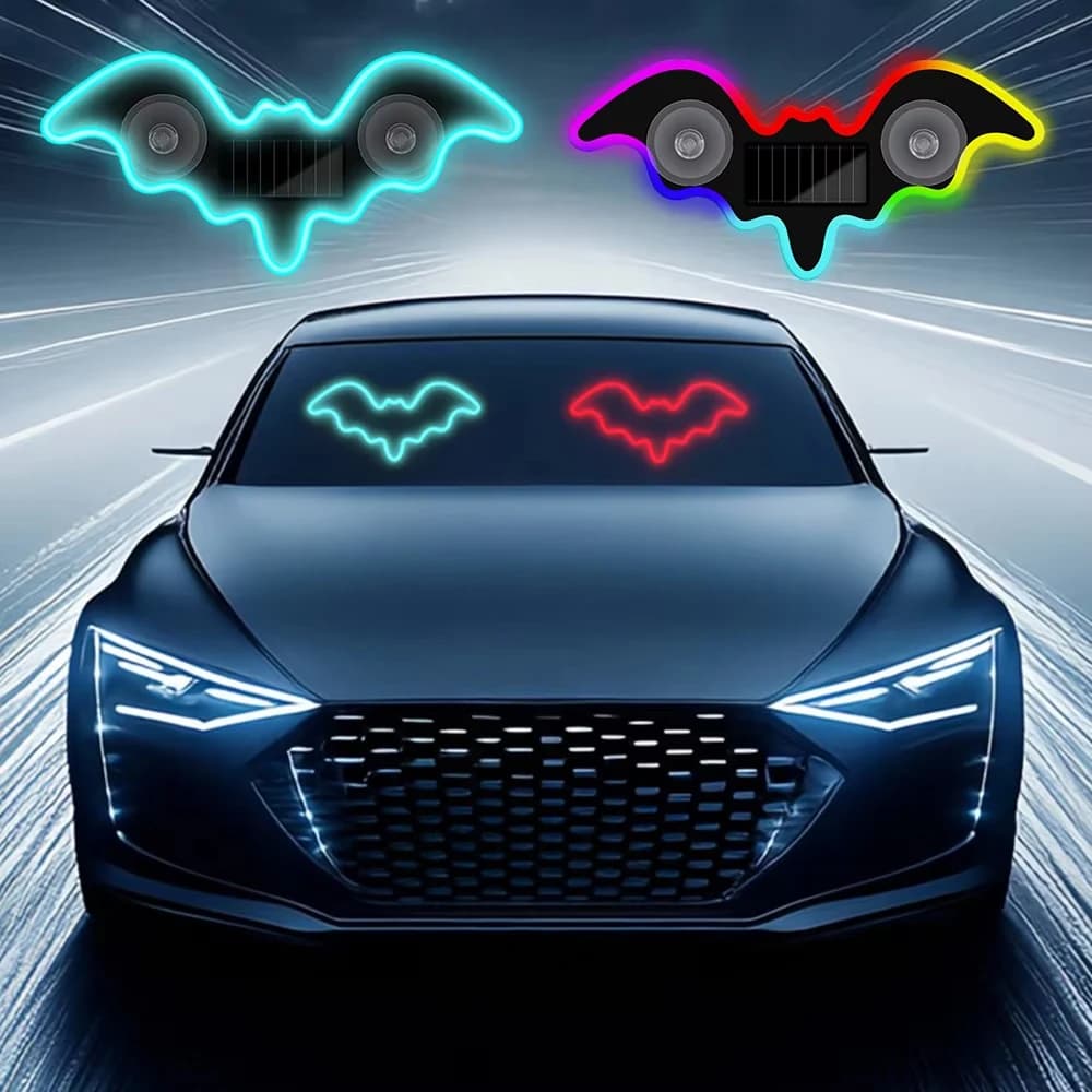 Solar Powered Car Neon Light Rgb Led Window Lamp Suction Cup Bat Shaped Rechargeable Wireless Breathing Lights Car Accessories