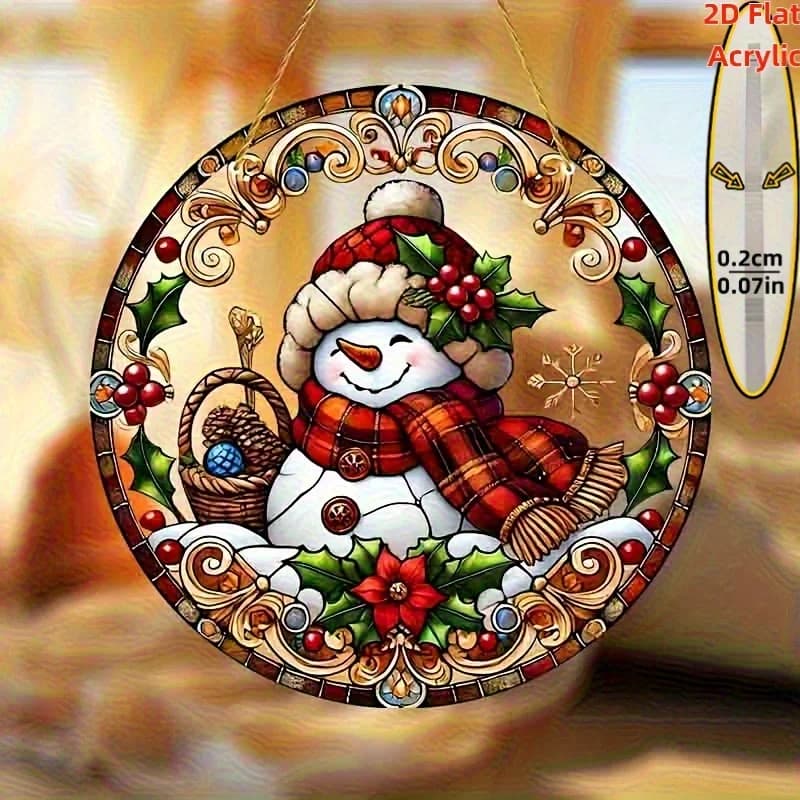 Dipinto Acrilico Pupazzo di Neve Sorridente con Sciarpa a Quadri, Bacche di Agrifoglio e Cesto Festivo Stile Vetro Colorato 2D Piatto Rotondo da Appendere
