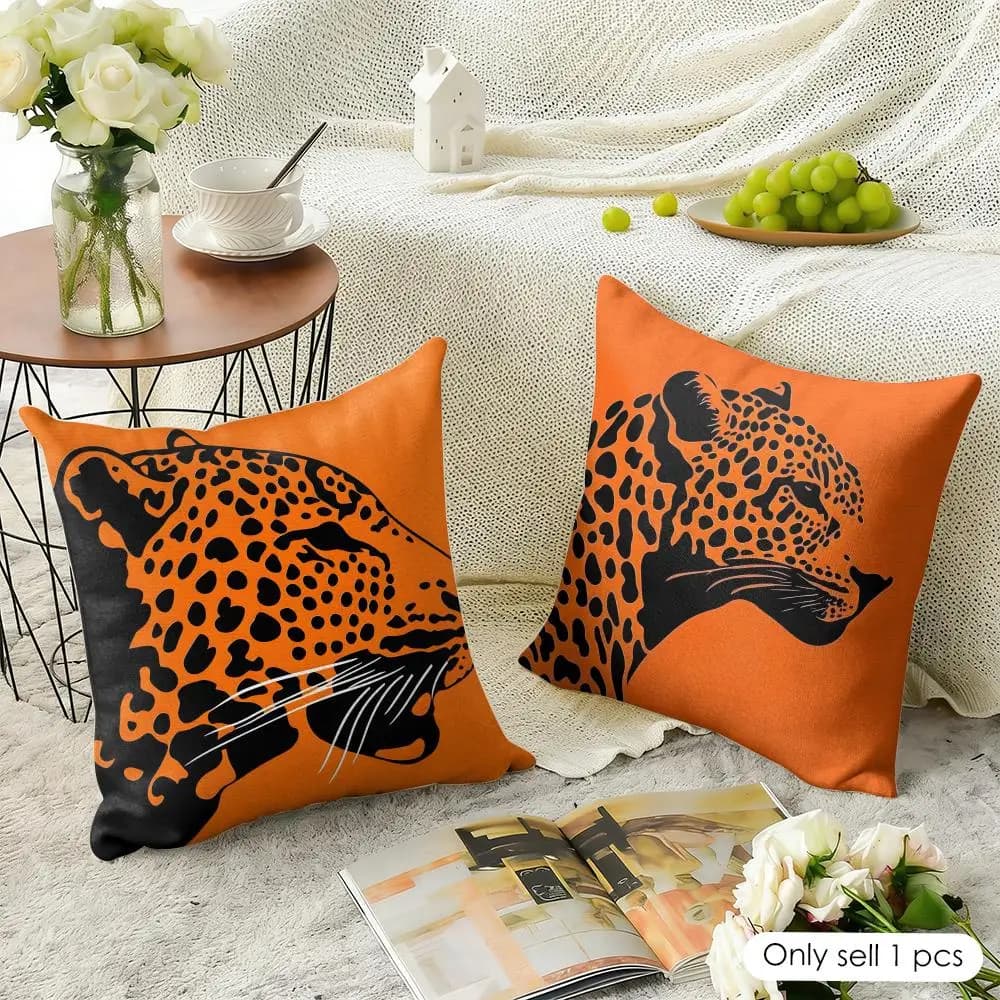 Fodera per cuscino con motivo leopardato, in lino naturale biologico, stampa fronte-retro, per divano, decorazione casa, regalo, federa