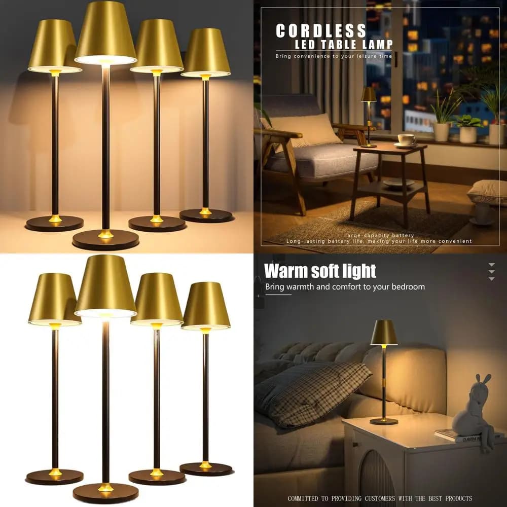 Set of 4 Rechargeable LED Desk Lamps - 5000mAh Battery, 3 Adjustable Brightness Levels, Ideal for Home, Office, Lunch Salt - Metal Gold and Black