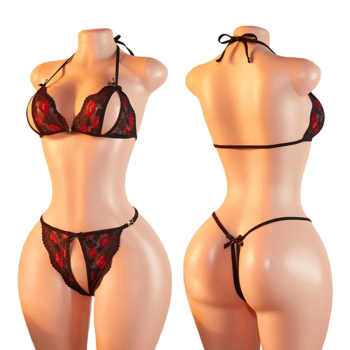 Seductive Red Lip Black Halter Front-Closure Bra & Thong Sets Summer Female Underwear Cute Erotic Sexy Lingerie Suit 2-Piece Set