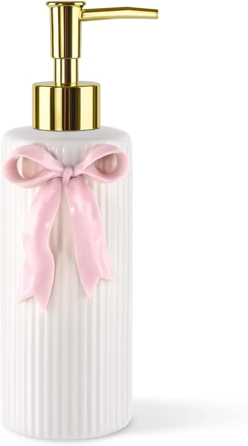 Dispenser di Sapone in Ceramica Fatto a Mano con Nastro Rosa, Ricaricabile 12oz per Cucina e Bagno