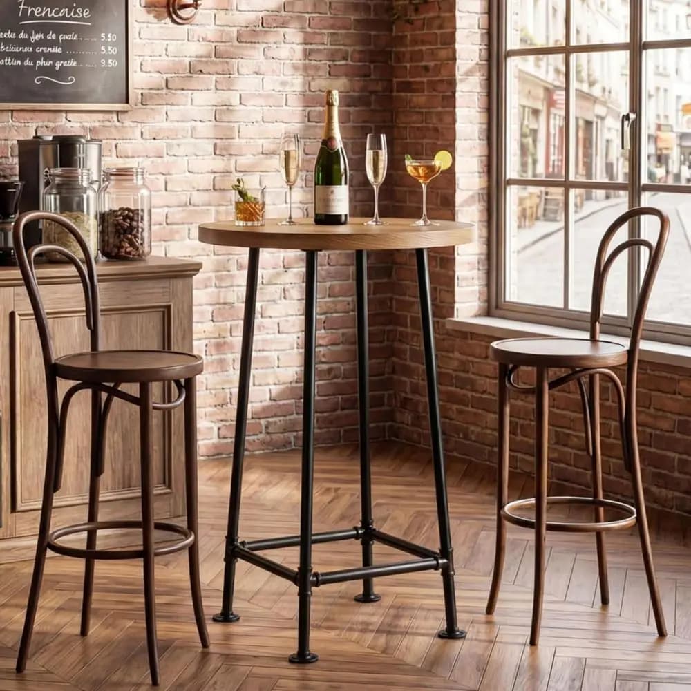 Tavolo Alto Rotondo Stile Industriale 39.4 con Poggiapiedi in Metallo per Cucina, Sala da Pranzo, Bistrot e Piccoli Spazi in Marrone e Nero