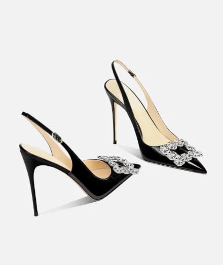 Sandali neri con strass e fibbia quadrata, tacco alto, da donna, nuovi, estivi, alla francese, con tacco a spillo e punta affusolata, eleganti