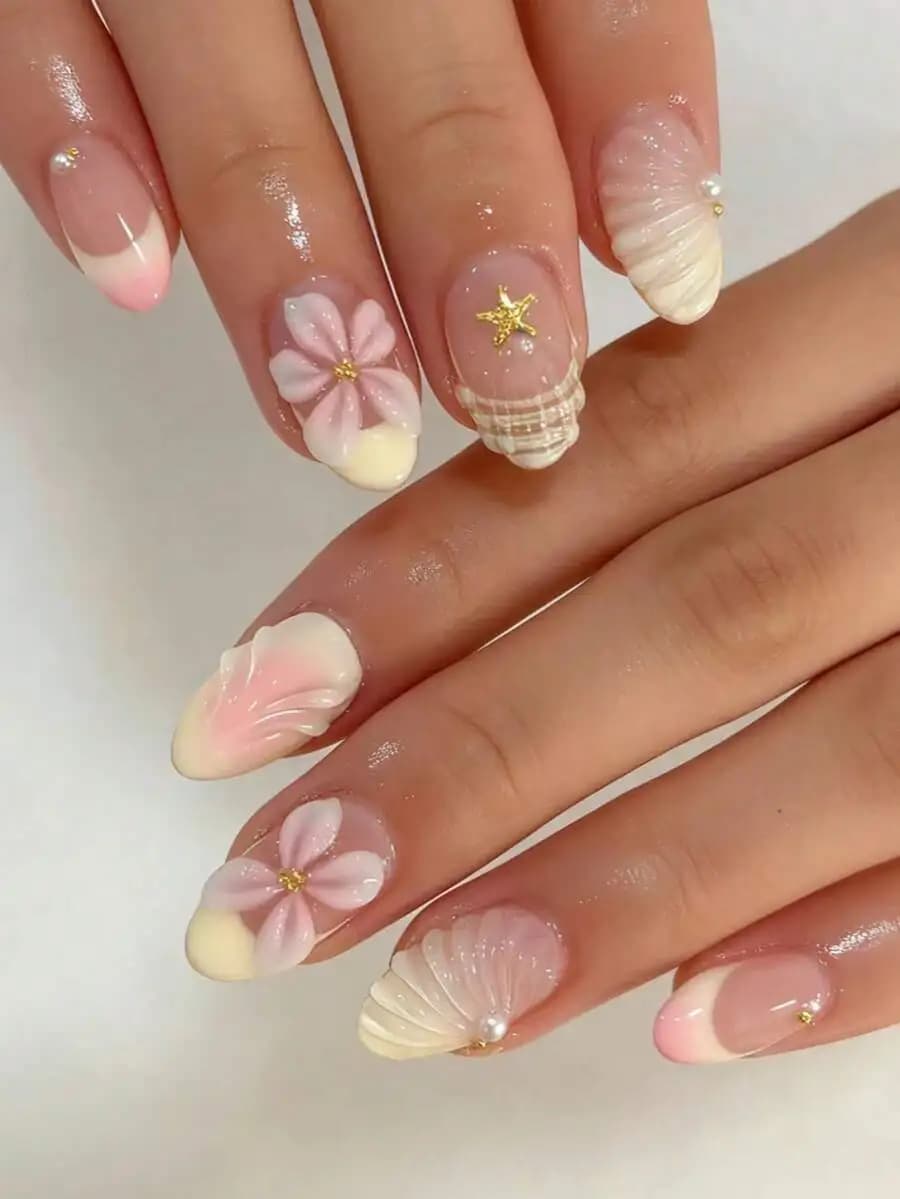 24pcs Short Oval 3D Gel Nail Stickers With Flower & Pearl Design, French Manicure Nail Wraps, Includes 1 Gel Polish And 1 Nail F