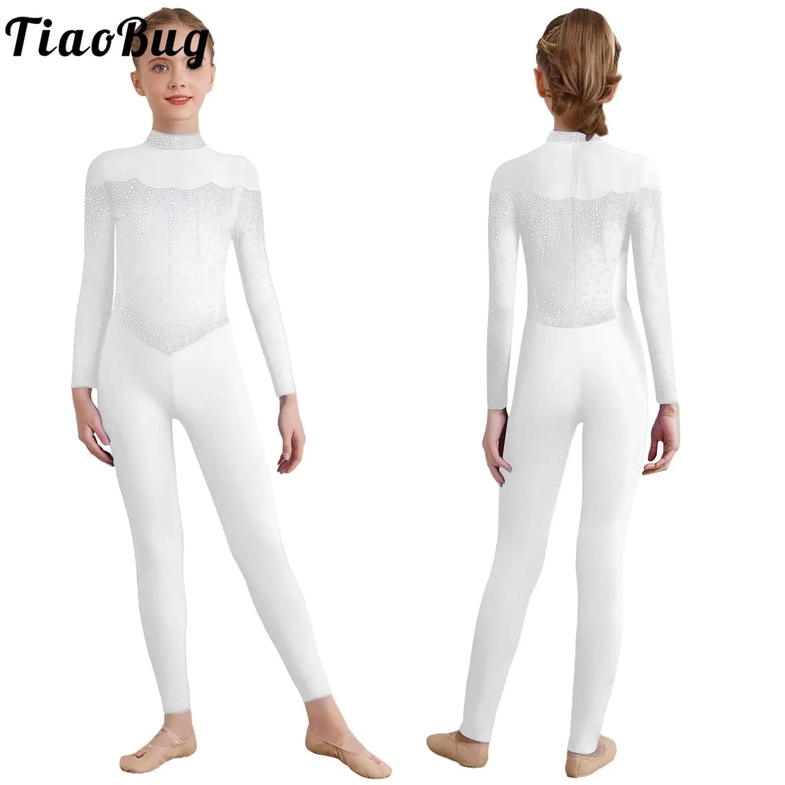 Body da ginnastica per ragazza con strass lucidi, manica lunga, maglia trasparente, body intero per pattinaggio artistico, danza, performance acrobatiche