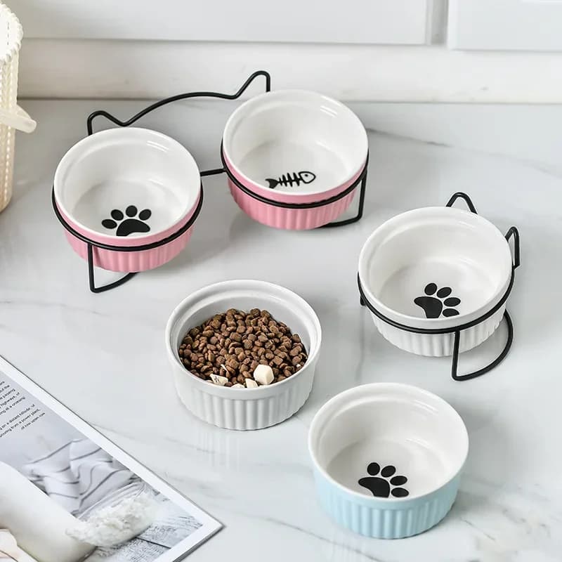 Ciotola inclinabile singola o doppia Ciotola in ceramica per cane Gatto Cucciolo Gattino Alimentatore per cibo elevato Bevitore Ciotola per acqua per animali domestici Forniture per animali domestici