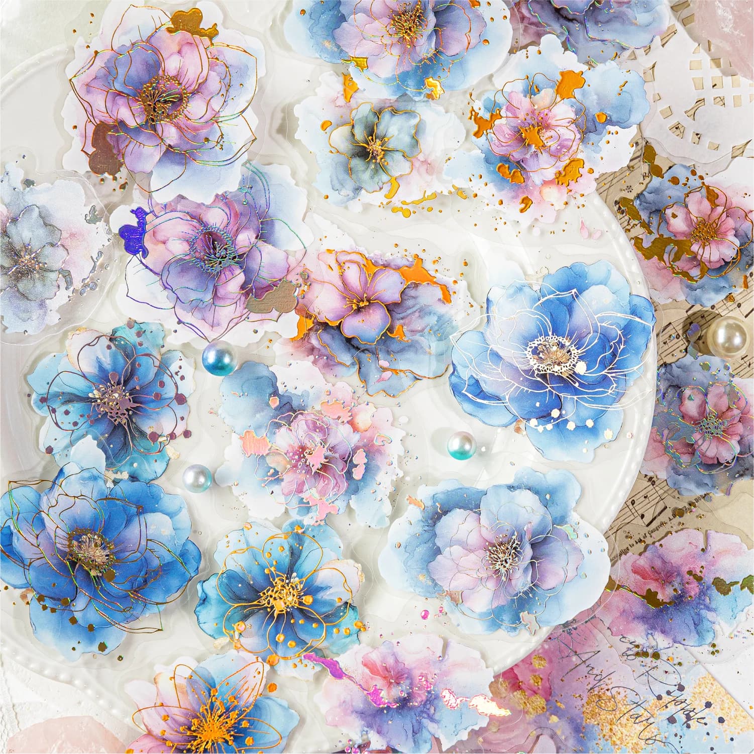 Adesivi floreali argento impermeabili olografici 20 fogli per scrapbooking, diario, decorazione fai da te, collage, diario