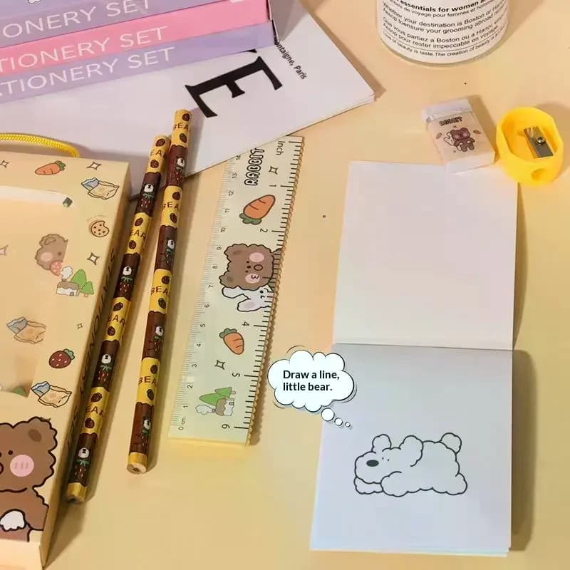 Cartoon Rabbit Pencil Ruler Eraser Sharpener Stationery Set Student School Office Writing Supplies Kindergarten Kids Gift