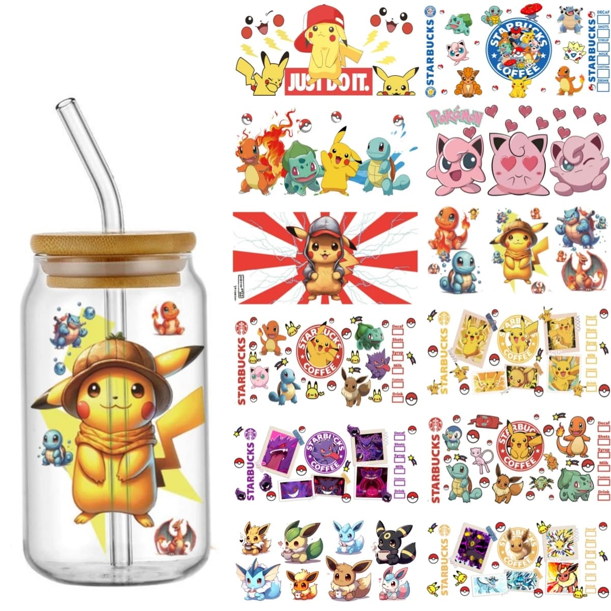 Glass stickers with DTF UV transfer in the form of animated elf, waterproof, for 16 ounce glasses.