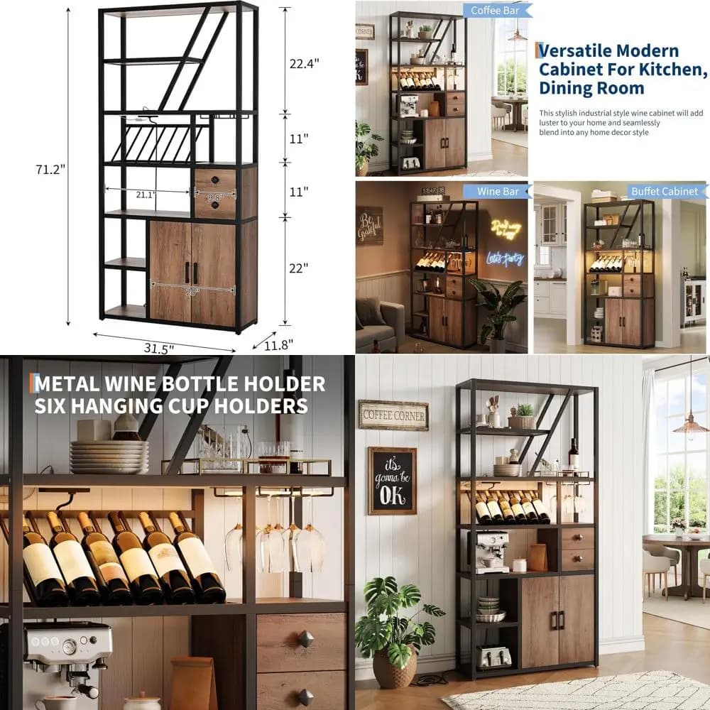 Mobile Bar Portabottiglie con Illuminazione LED e Porta Bicchieri per Casa o Soggiorno
