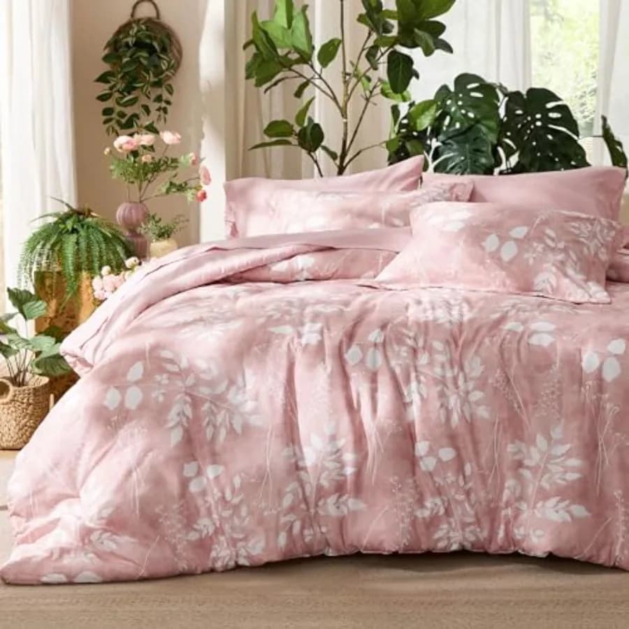 Set Copripiumino - 7 Pieces Pink Floral, Set Bed Linen Soft with Botanical Flowers, Copripiumino, Bed linen, Faithful and Spaghetti