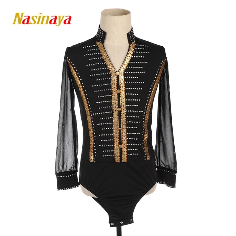 Costume da pattinaggio artistico nero standard internazionale da uomo, body da ballo cinese con rete nera, per pattinaggio su ghiaccio e danza