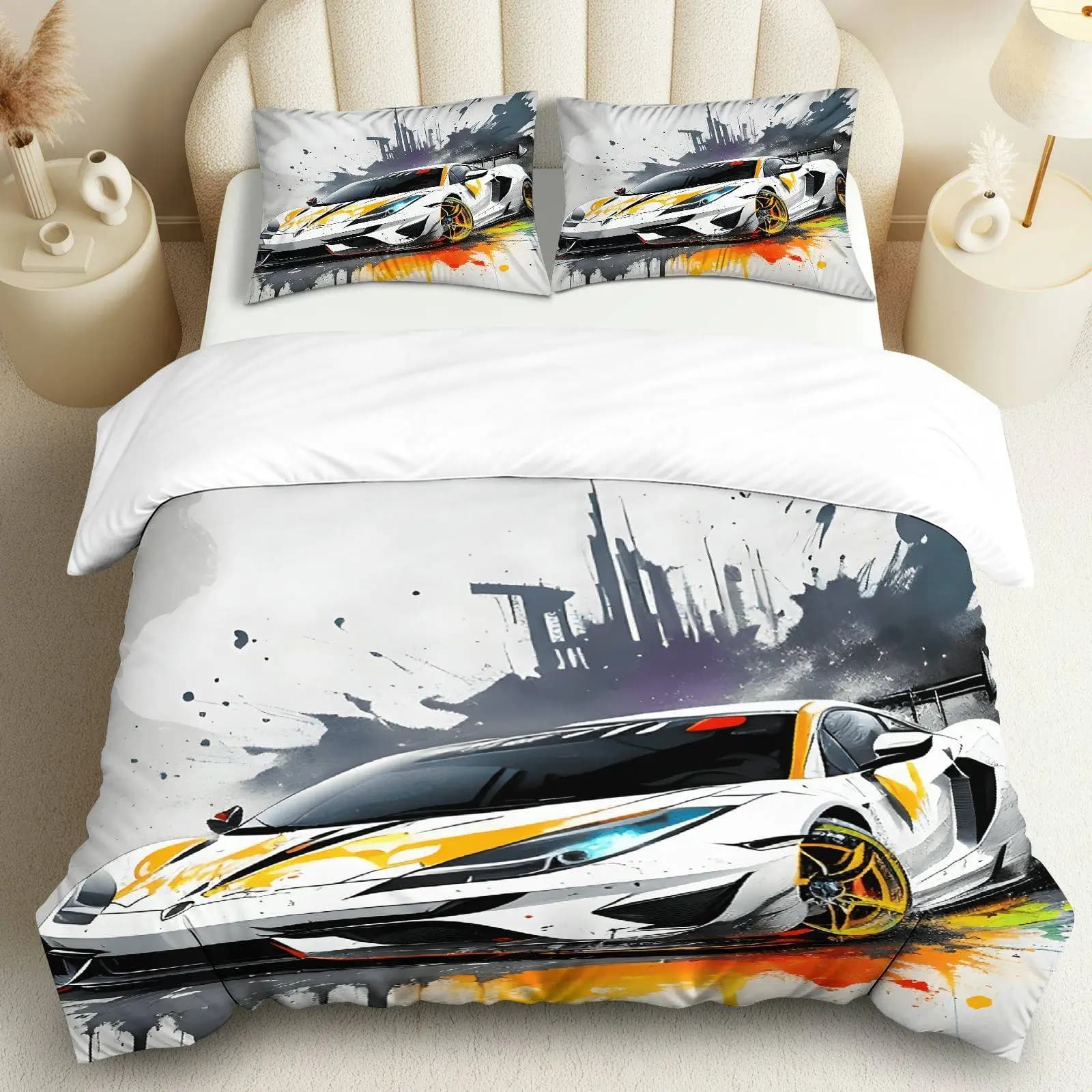 Copripiumino 3 pezzi, 1 piumino + 2 federe (senza imbottitura), design auto sportiva, adatto per decorare la camera da letto, la stanza degli ospiti.