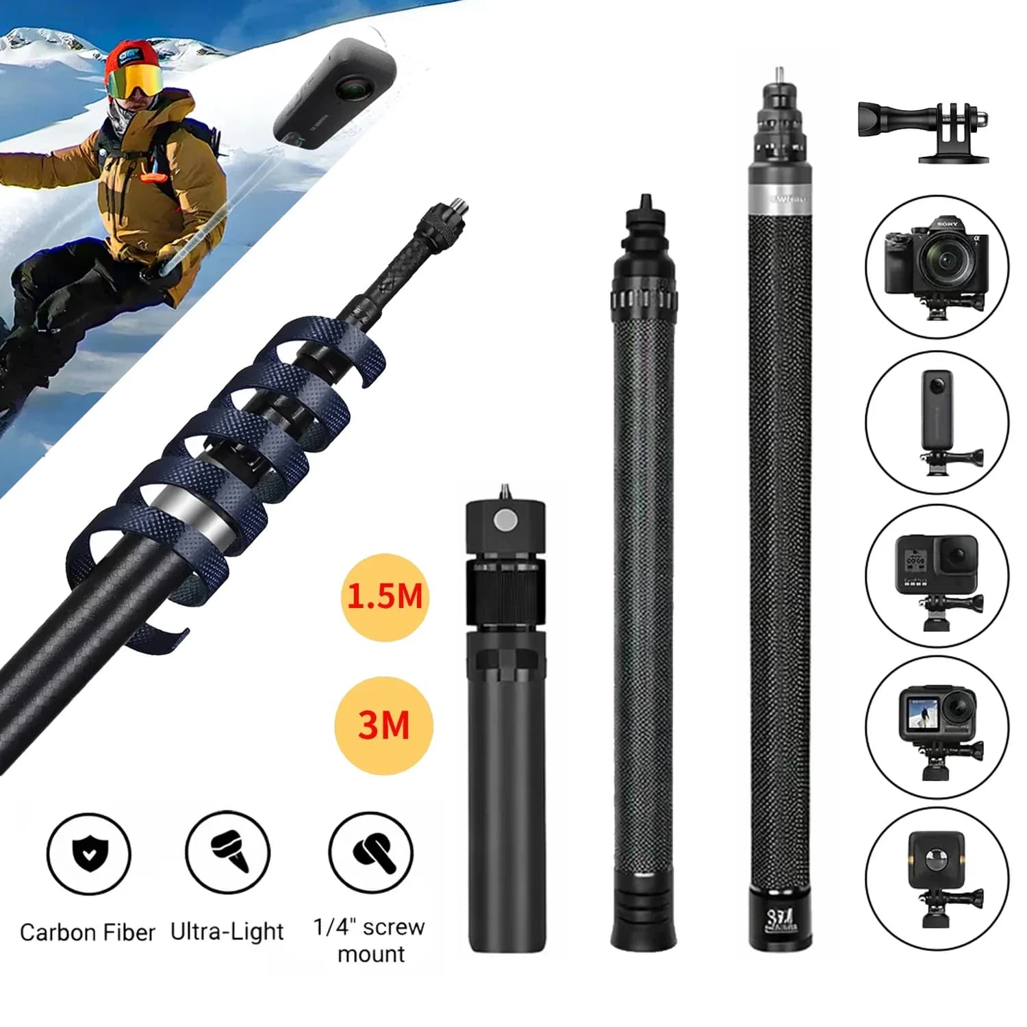 For Insta360 x5 x4 x3 Carbon Fiber Invisible Selfie Stick 1.5m 3m Bullet Time Bundle Tripod Handle for Insta 360 Accessories