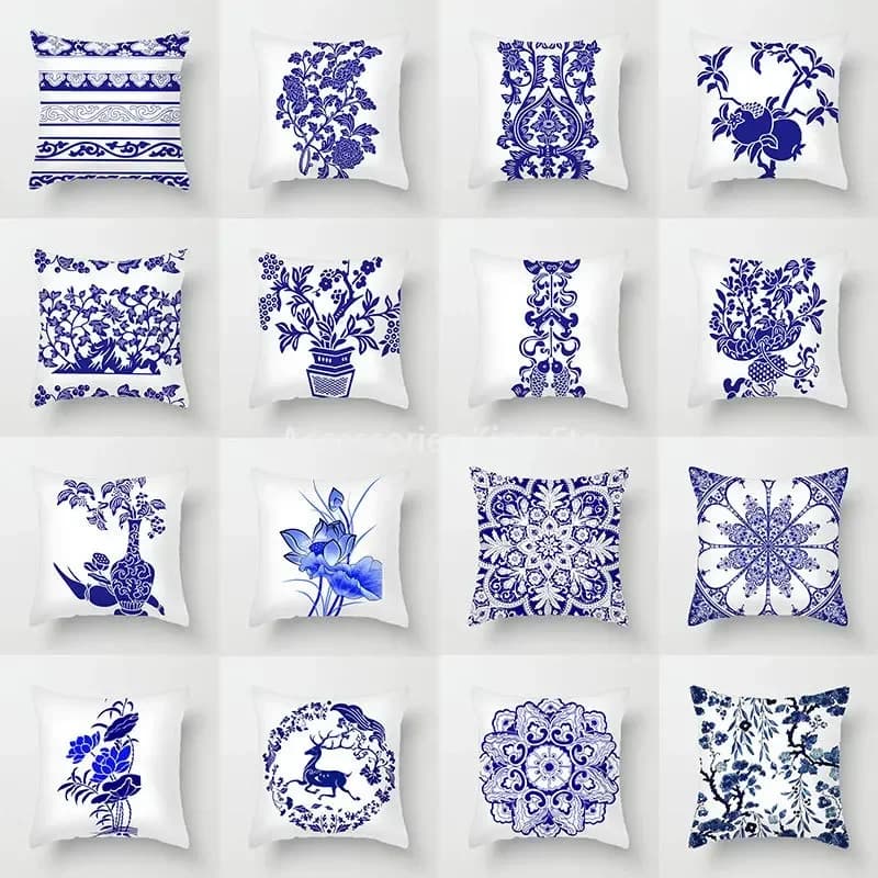 40/45/50/60cm Blue Geometric Floral Printed Pillow Case Soft Cushion Cover for Home Sofa Car Bedroom Pillow Covers