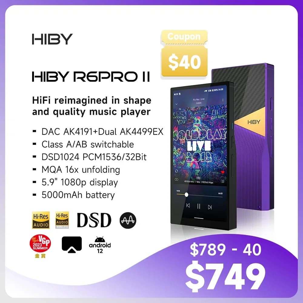 HiBy R6 Pro II / R6 Pro GEN 2 Lettore Musicale HiFi Android con WIFI, Bluetooth, USB, DAC, Amplificatore per Cuffie, MQA 16x DSD1024 1536KHz/32bit 1080P