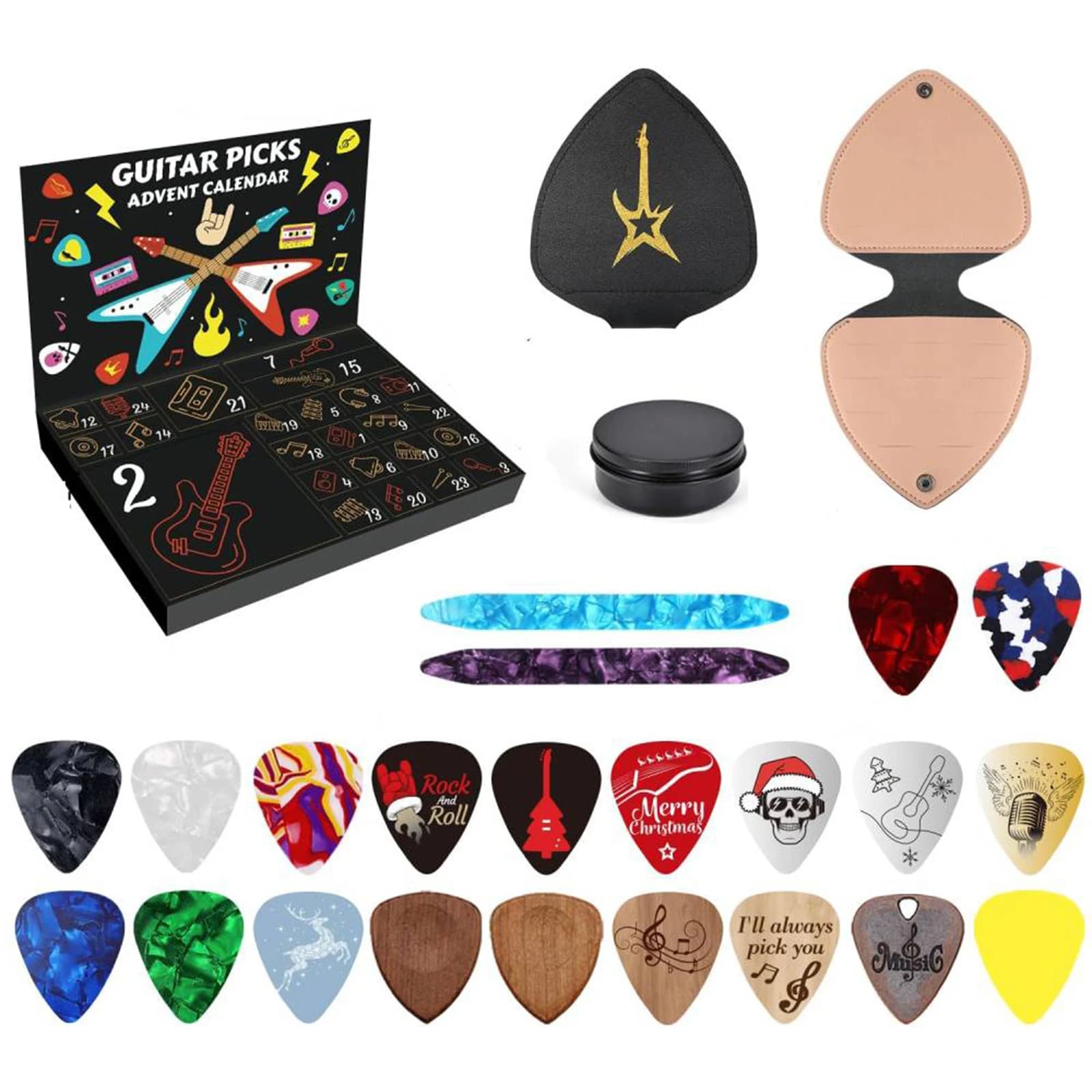 Plettri per chitarra Calendario per il conto alla rovescia di Natale con 20 plettri per chitarra 2 plettri Oud Porta plettri Regalo di Natale per giocatori di chitarra basso Ukulele