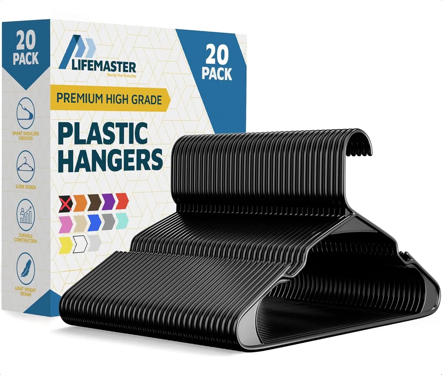 Heavy-duty plastic hanger set - Pack of 20 black pieces, with anti-slip grooves on the shoulders, supports up to 2.2 kg for clothes and coats