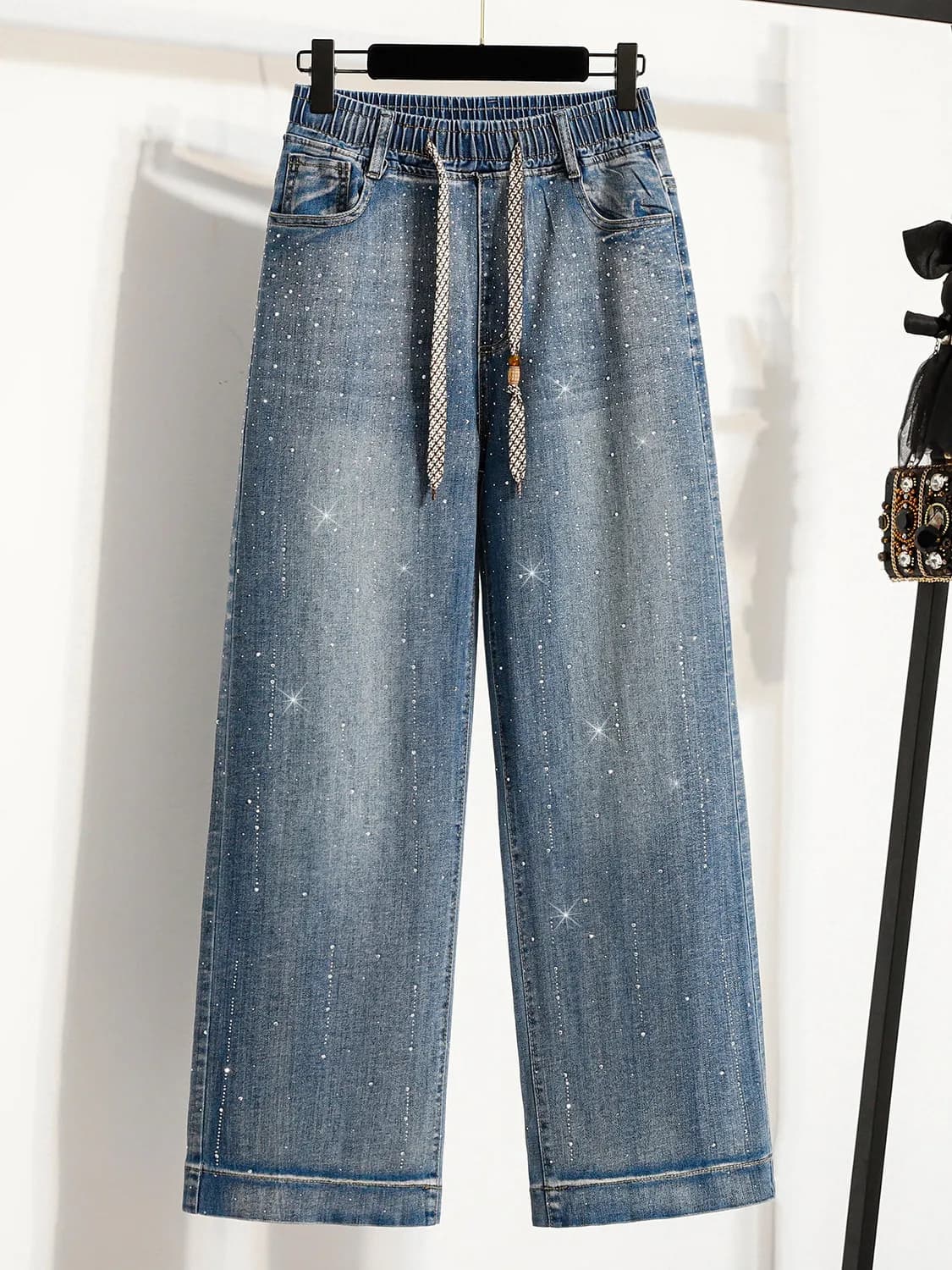 Shiny Wide Leg Denim Jeans Women's Spring plus Size Elastic Waist Slightly Stretchy Slimming Straight Floor-Length Pants