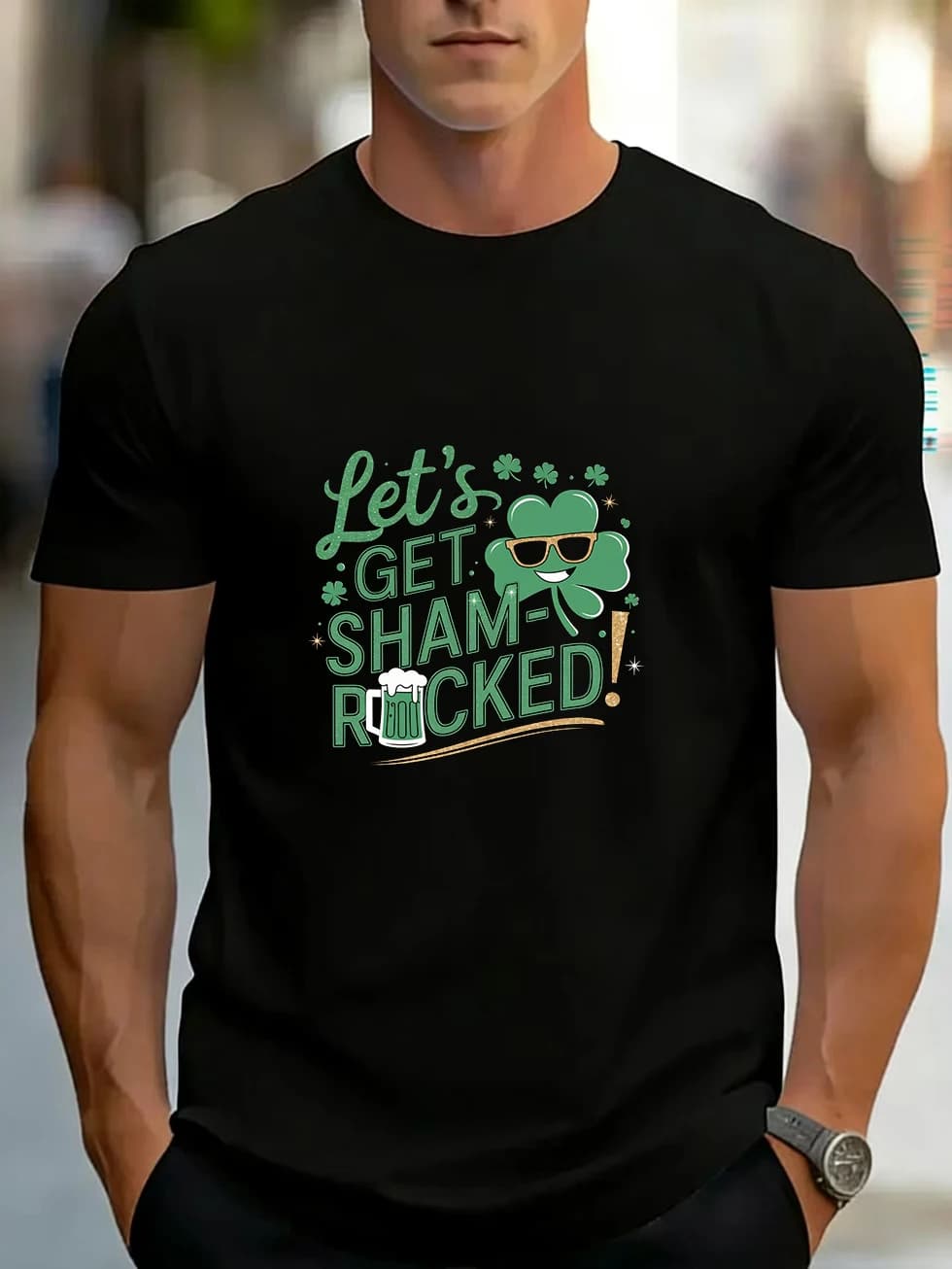 T-shirt a maniche corte da uomo con teschio, sigaro, caratteri trendy, boccale di birra, design per il giorno di San Patrizio, stile unisex per coppie, puro cotone